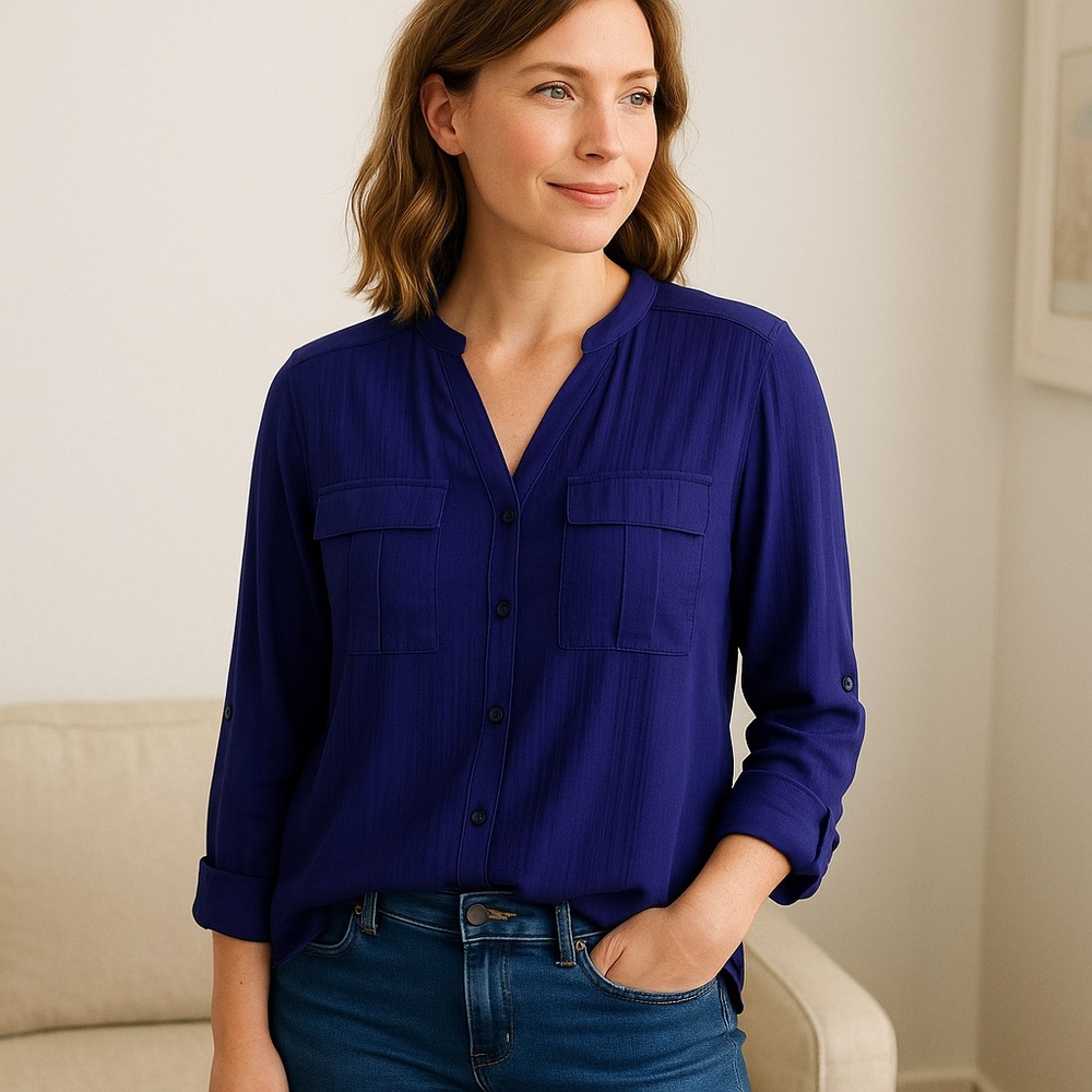 A.N.A Long Sleeve Royal Navy Blue Blouse Petite Small Office to Casual Essential